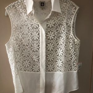 Anne Klein Sleeveless Embroidered Blouse, Off White, size 10